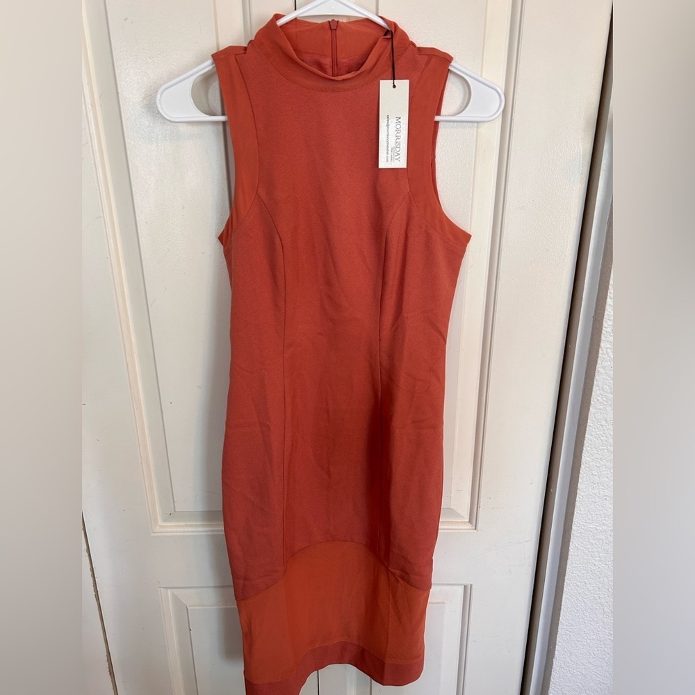 Morrisday The Label Women Dress Rose/Coral Pink With Sheer Trim-Size 6 New